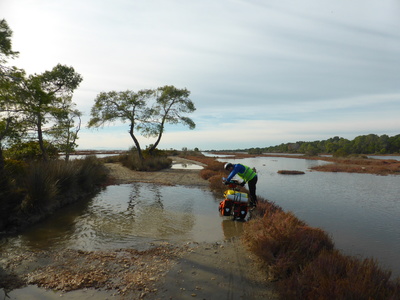 Really bad dirt road through the beautiful Karavasta Lagoon in the Divjakë-Karavasta National Park. Some of the potholes were larger than the road, and we could only cycle through them in a haphazard way, resulting in our shoes becoming soaked a few times...