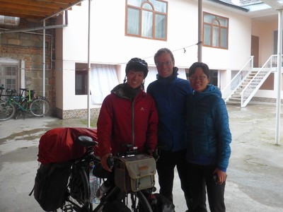 With Kanji, a Japanese bicycle tourist we met at the Iranian embassy in Tbilisi, who helped us pick up Heiko's jacket that we accidentally left behind in Tbilisi, and caught up with us in Sheki
