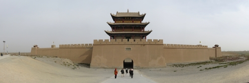 The western gateway into Jiayuguan fortress, built to guard the western border of the Ming Dynasty from invasion. The fortress also had a somewhat fearsome reputation as Chinese people who were banished were ordered to leave through Jiayuguan and head west into the Gobi desert, the vast majority never to return.