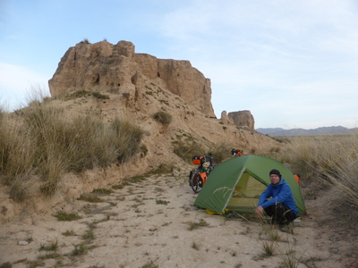 Remnants of the Great Wall, next to which we camped, along the road between Shandan and Yongchang