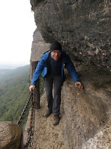 Walking along the Xiannu Bridge, actually a narrow walkway near the top of the steep cliff, in the Jianmenguan Scenic Area