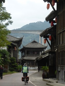 The bicycle lane along the Chishui river passing through Tucheng Ancient Town