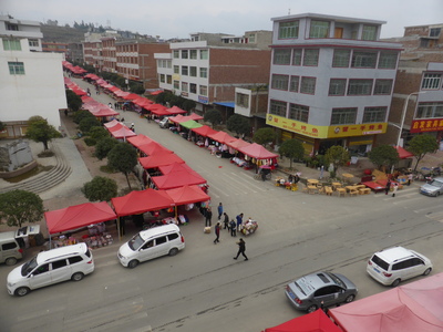 The town of Zhongxin, in between Jinsha and Qianxi, where we decided to stop after a short day of cycling as it would have been too long to reach Qianxi on the same day. We took a hotel overlooking this long street market, where most vendors had their loudspeaker ads (i.e. their own voice recording) on an endless loop on full volume, and it sounded like there was some mass protest going on the whole afternoon!