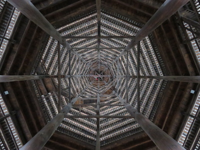 Looking up from the middle of the Sanjiang Drum Tower. The symmetry of the wooden construction is quite mesmerising!