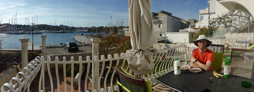 Breakfast in front of our apartment in Jezera