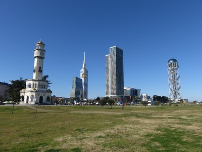 Skyline of downtown Batumi, from left to right: Chacha Tower (that reportedly dispenses the Georgian national alcoholic beverage 'chacha' daily at 7pm), Radisson Hotel, Batumi Tower (with integrated ferris wheel), Porta Batumi Tower and Alphabet Tower