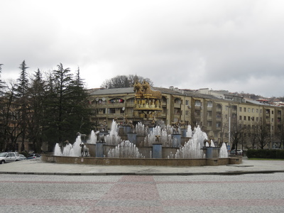 Colchis Fountain, in the central square of Kutaisi, with enlarged models of ancient golden artifacts found during archaeological excavations nearby Kutaisi.
