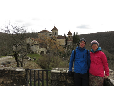 The Motsameta monastery near Kutaisi, in a beautiful setting on a cliff-top promontory above a bend of the Tskhaltsitela river