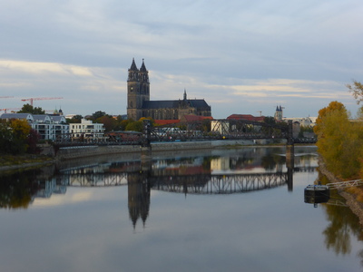 Magdeburg city centre with Elbe river, lifting bridge and cathedral