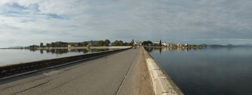 Aitoliko, a small town on an island between the Aitoliko and Missolonghi Lagoons. The town is connected to the mainland by bridges on both sides.