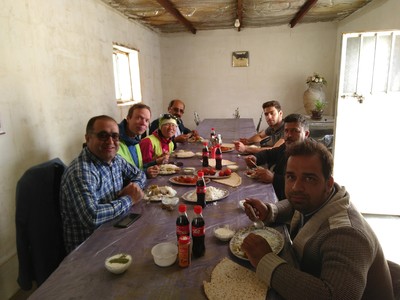 Lunch at the canteen of a road construction site office after Hannah had to stop due to sudden stomach pain, and the construction site managers invited us in