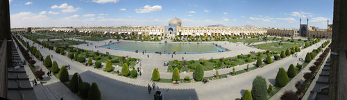 View of the Naqsh-e Jahan Square from the Ali Qapu Palace in Isfahan, with the entrance to the Bazaar on the left, the Lotfollah Mosque directly across, and the Shah Mosque on the right