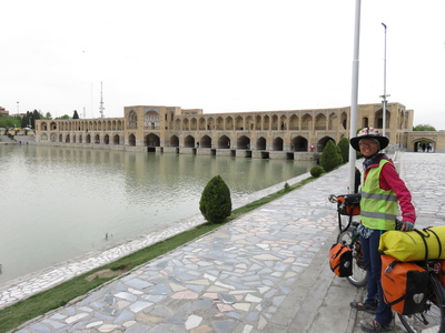 Cycling past the Khaju Bridge again on our way out of Isfahan