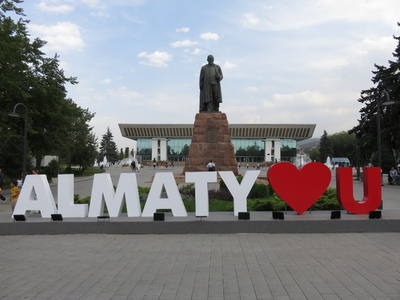 Statue of Kazakh poet Abai in front of the Palace of the Republic in Almaty
