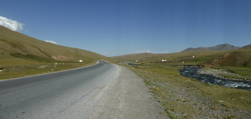 Yurts in the Suusamyr valley, a wide, gentle valley along the Suusamyr river between the Ala-Bel and Too-Ashuu passes on the main Osh-Bishkek road, used by many Kyrgyz nomads as a high summer pasture