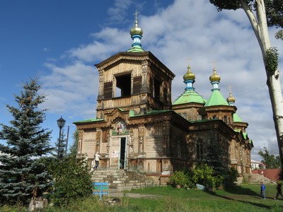 Wooden Russian Orthodox Holy Trinity Cathedral from 1895 in Karakol