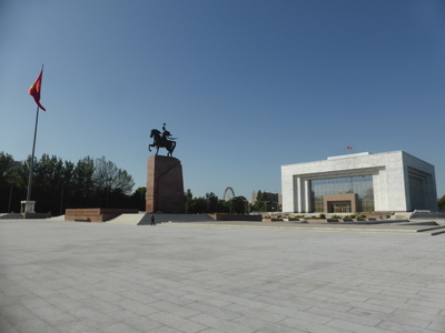 Monument to Manas the Great on the Ala-Too Square in Bishkek, the main square in the city, with the National Historical Museum in the background