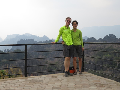View of the ragged karst landscape from "The Rock", a new touristic development between Ban Nahin and Vieng Kham, with a viewing platform, a zip line, and a net on which you can walk between the peaks
