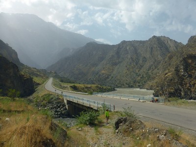 Mountainous landscape along the Panj River on the way to Qalai Khumb