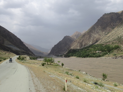 Mountainous landscape along the Panj River on the way to Qalai Khumb