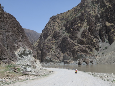 Mountainous landscape along the Panj River on the way to Qalai Khumb