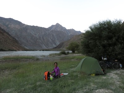 Our campsite right next to the Gunt river on our first night out of Khorog