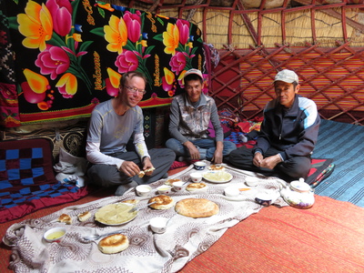 We stopped at a yurt camp for lunch on our wildlife spotting day tour with the local NGO Burgut in the Alichur Conservancy area. We had really fresh and tasty typical Kyrgyz nomadic food - yak cream and yak yoghurt with freshly baked bread and pancakes.