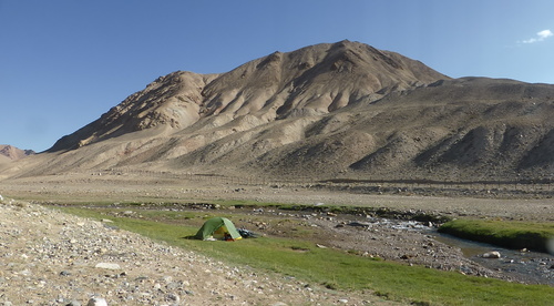 Where we camped on our first night between Murghab and the Ak-Baital Pass (4655m), a lovely spot next to the Southern Ak-Baital stream. The fence on the other side of the stream is the Chinese border fence, although the actual Chinese border is along the top of the highest ridge behind these hills, about 5km away.