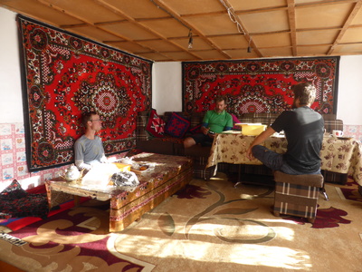 The cosy dining area of our homestay in Karakul village