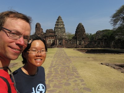 The inner sanctuary of Prasat Hin Phimai, part of the Phimai Historical Park. The temple was built in the 11th to 12th centuries, when it was an important city in the Khmer empire, and is oriented to face the capital Angkor as its cardinal direction. The temple predates Angkor Wat, and many design elements were later used at Angkor Wat.