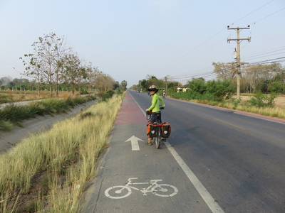 Bicycle lane on a small road next to a canal, on our way from Saraburi to Ayutthaya
