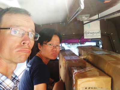 On a tuk-tuk with our packed bicycles on the way to Hat Yai airport. An abrupt end to our trip :(