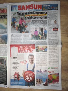 In Bafra, we somehow got roped into giving an interview to the local news agency about our trip. Two days later in Samsun, the brother of our host came around with this paper...