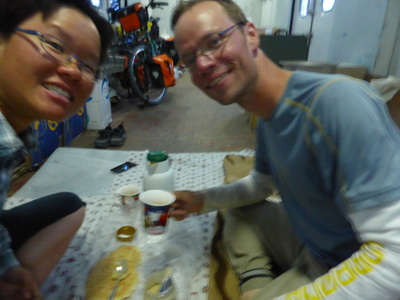 Dinner and tea in the cargo carriage of the train from Tejen to Bayramaly