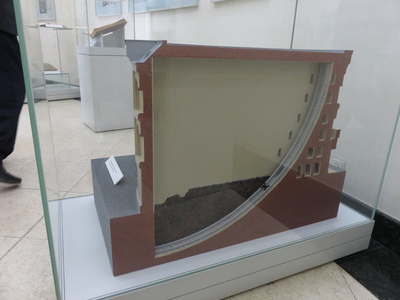 Cross-sectional view of the Ulugbek Observatory in Samarkand, built between 1424-1429, one of the finest observatories in the Islamic world and the largest in Central Asia at the time. The largest instrument in the observatory was the sextant, with a radius of 40.4m. Destroyed in 1449 by religious fanatics after Ulugbek's assassination, the site was rediscovered by Russian archaeologists in 1908, with the underground, lower portion of the instrument still intact.