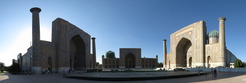 Registan Square, the heart of the ancient city of Samarkand during the Timurid dynasty. On the left is the Ulugbek Madrasah, in the middle the Tilla Kori Madrasah, and on the right the Sherdor Madrasah.