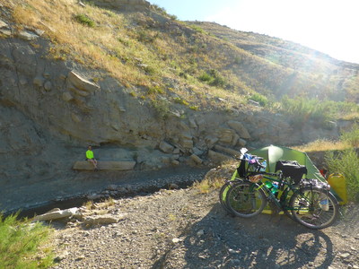 One of our nicest campsites to date, sheltered by the mountains and next to a small stream, on our way up the Gissar mountain range from Guzar to Boysun