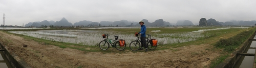 Cycling through paddy fields in Ninh Binh, with beautiful karst landscape in the background
